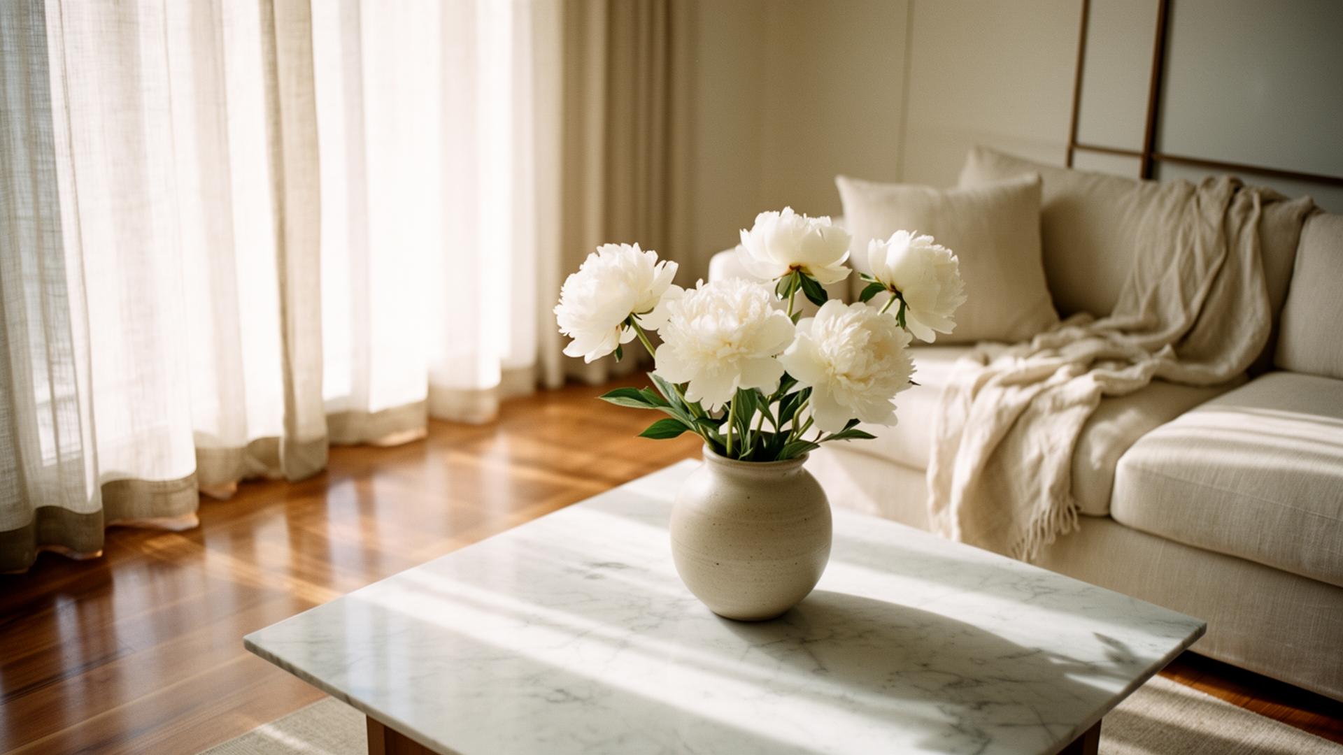 Sunlit living room with linen sofa and white peonies